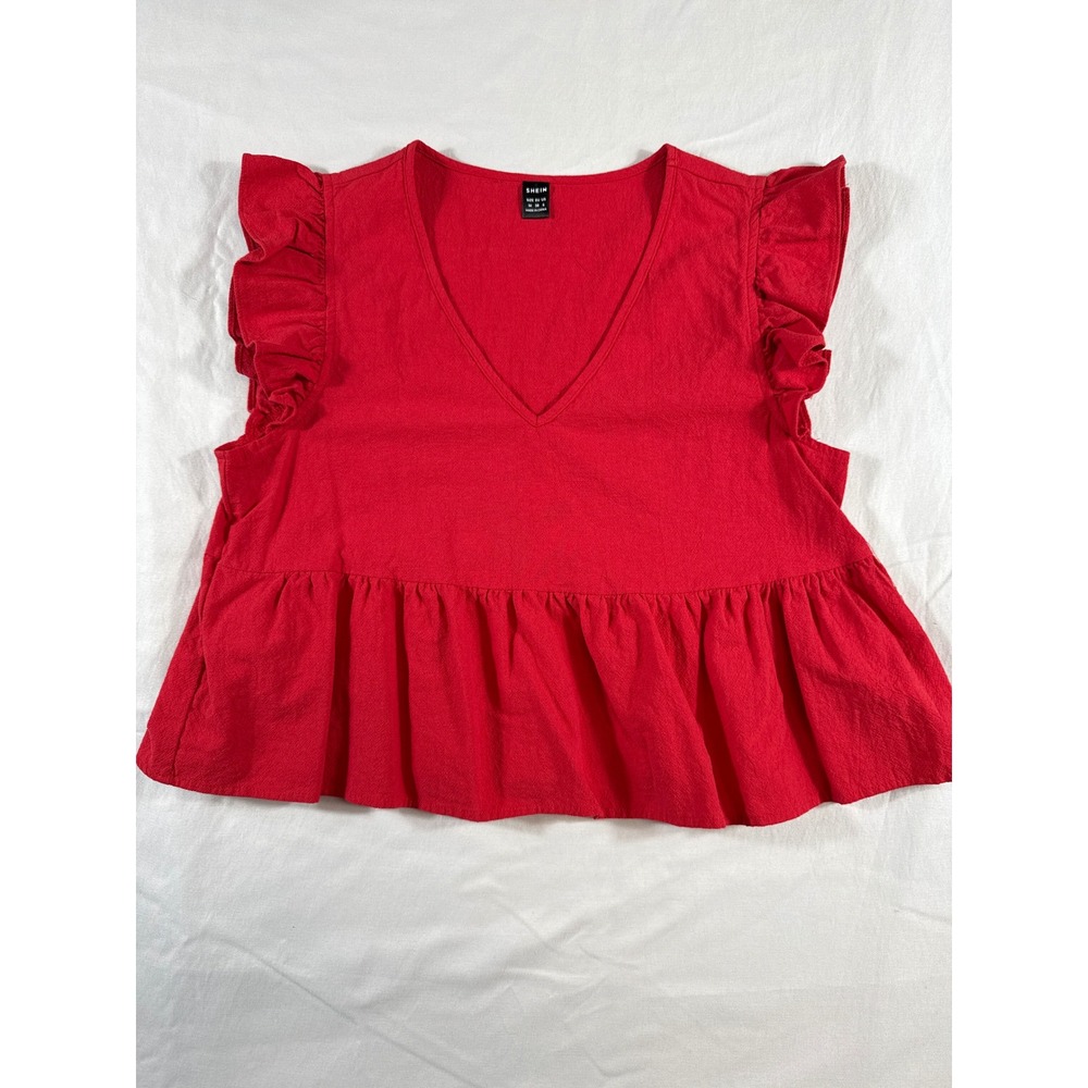 SHEIN Women Red Ruffle Sleeve V-Neck Cotton Peplum Top Medium